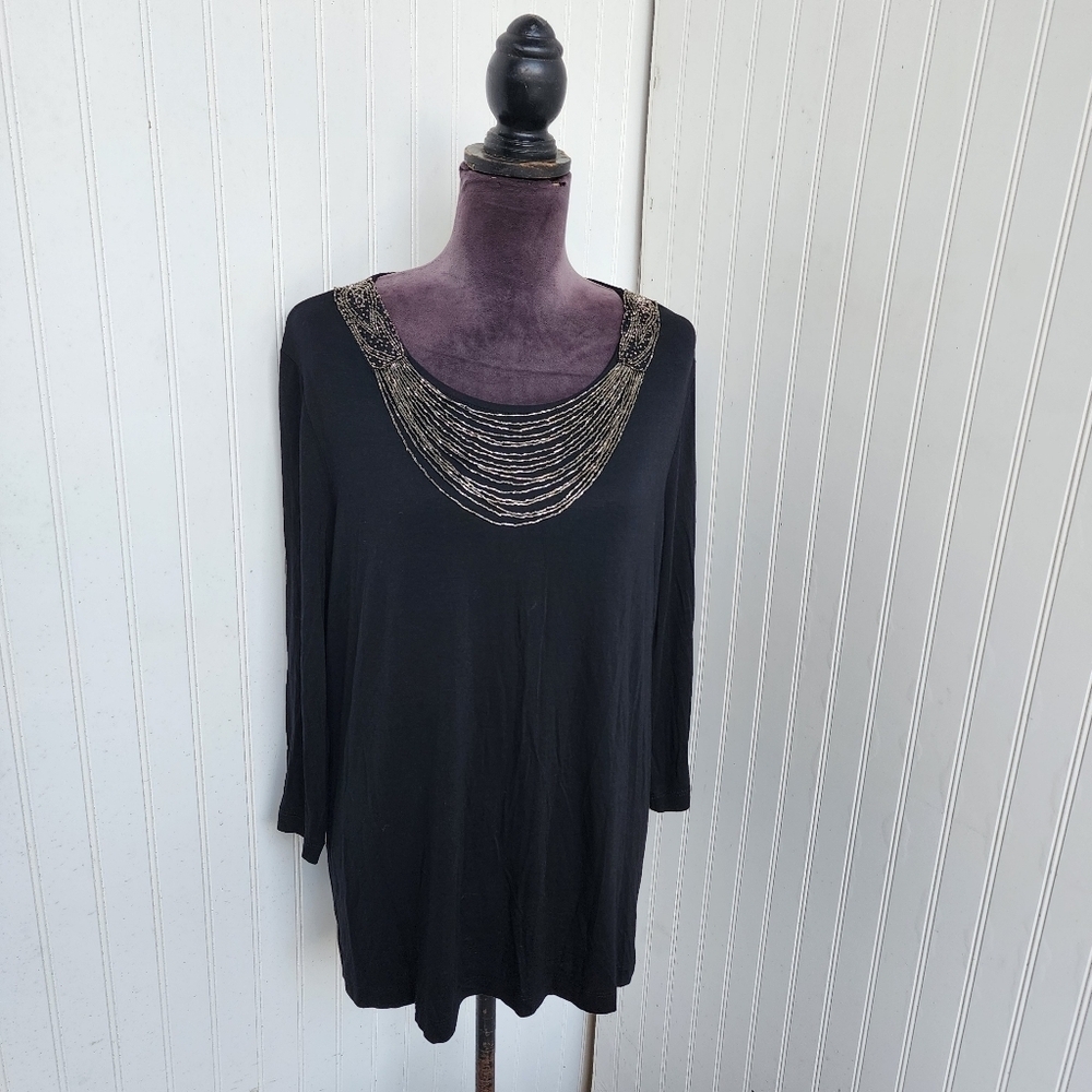 NWT Chico's Black 3/4 Sleeve Tunic Top Beaded Neck Draping Jewels Artemis 3 (XL)